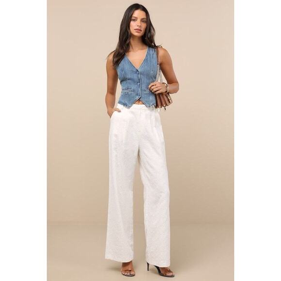 Lulus Pants - Lulus Andrey Cream Floral Embroidered Straight-leg Trouser Pants White - Size S